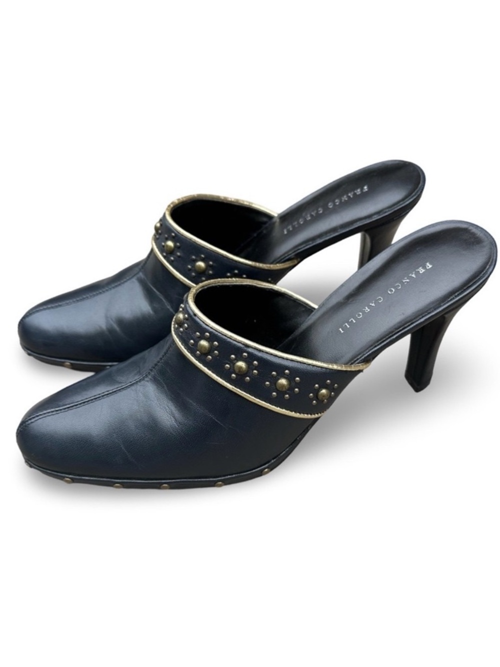 Franco Carolli Asberry navy blue studded mule leather clog heels